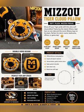 University of Missouri Tigers Pillow Dorm Decor 8 inch | Double-Sided | NWT